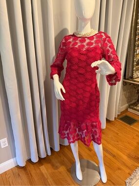 Fuchsia Floral Lace Midi Dress with Flared Hem